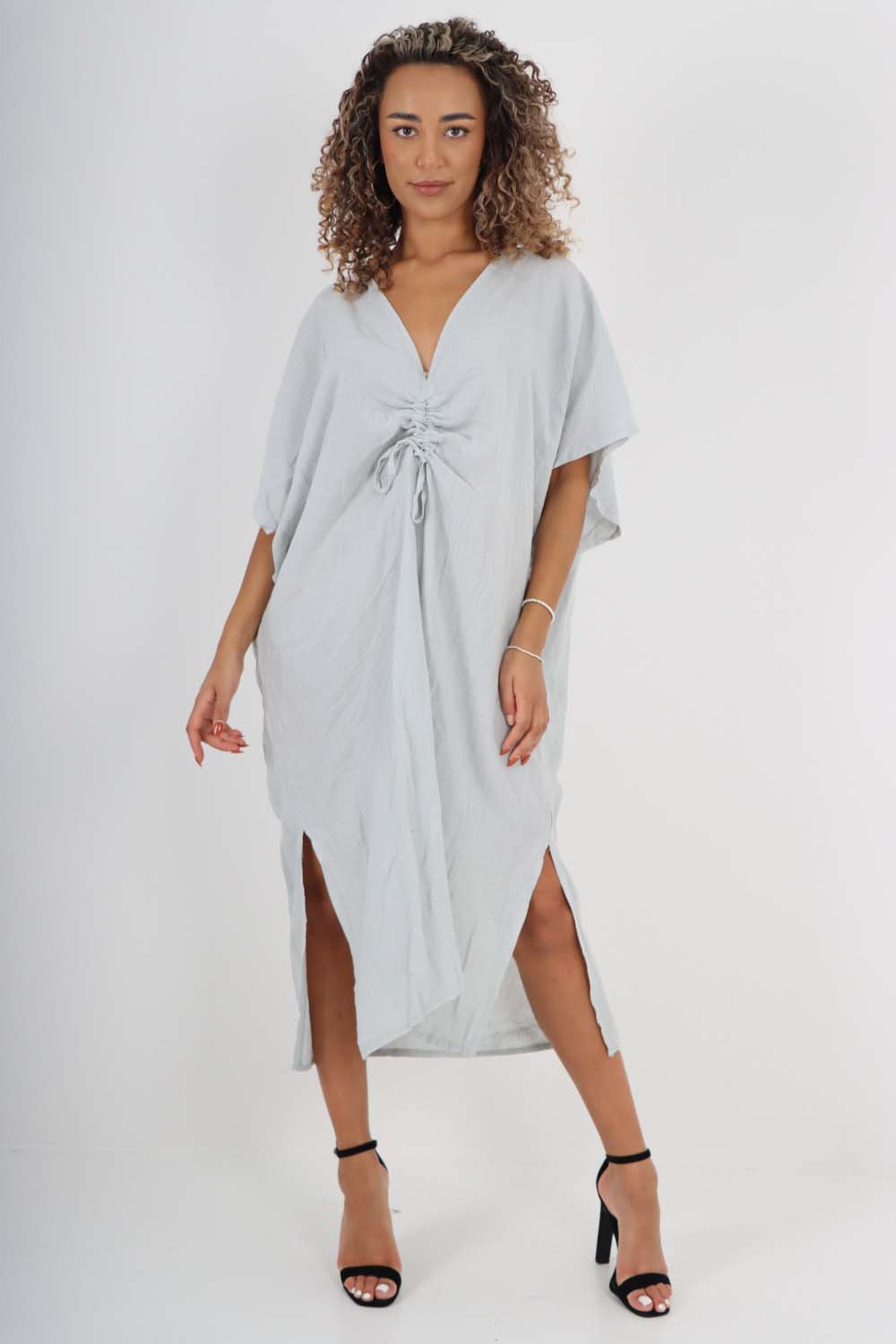 Italian Drawestring Front Side Split Linen Dress