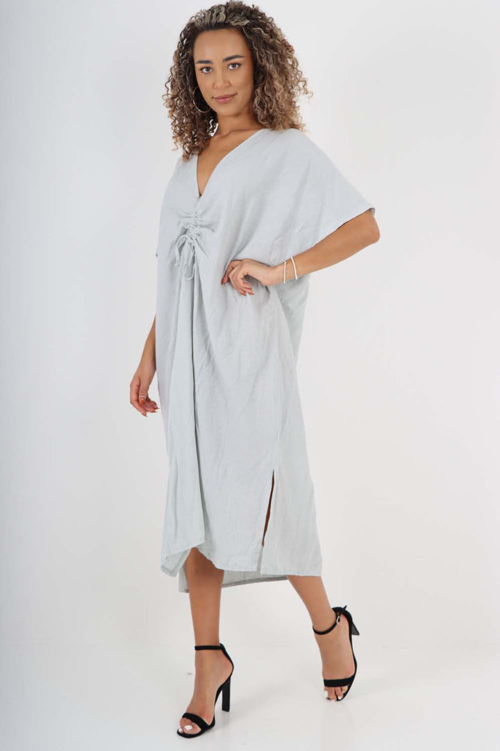 Italian Drawestring Front Side Split Linen Dress