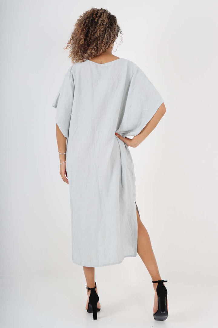 Italian Drawestring Front Side Split Linen Dress