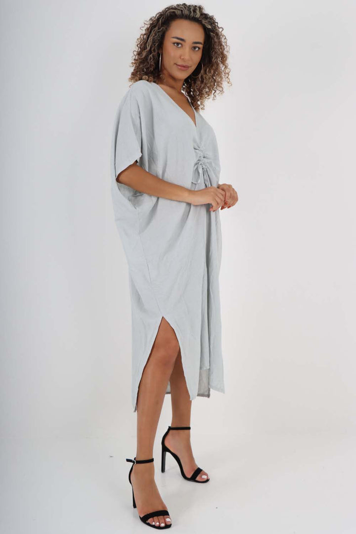 Italian Drawestring Front Side Split Linen Dress