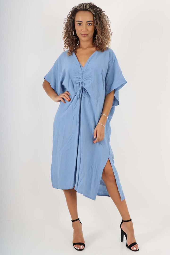 Italian Drawestring Front Side Split Linen Dress