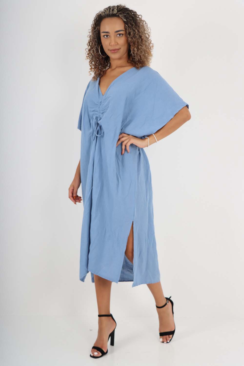 Italian Drawestring Front Side Split Linen Dress