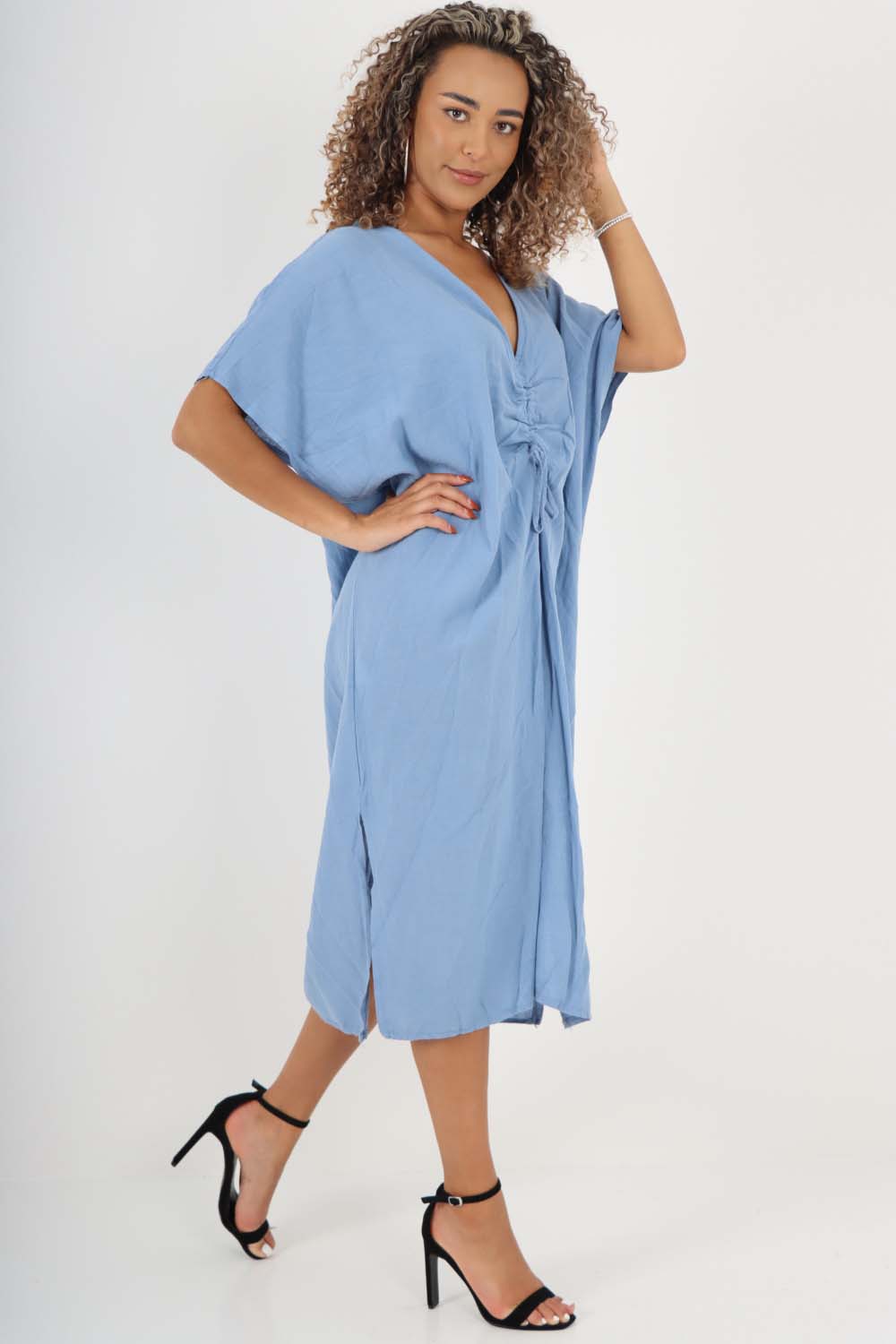 Italian Drawestring Front Side Split Linen Dress