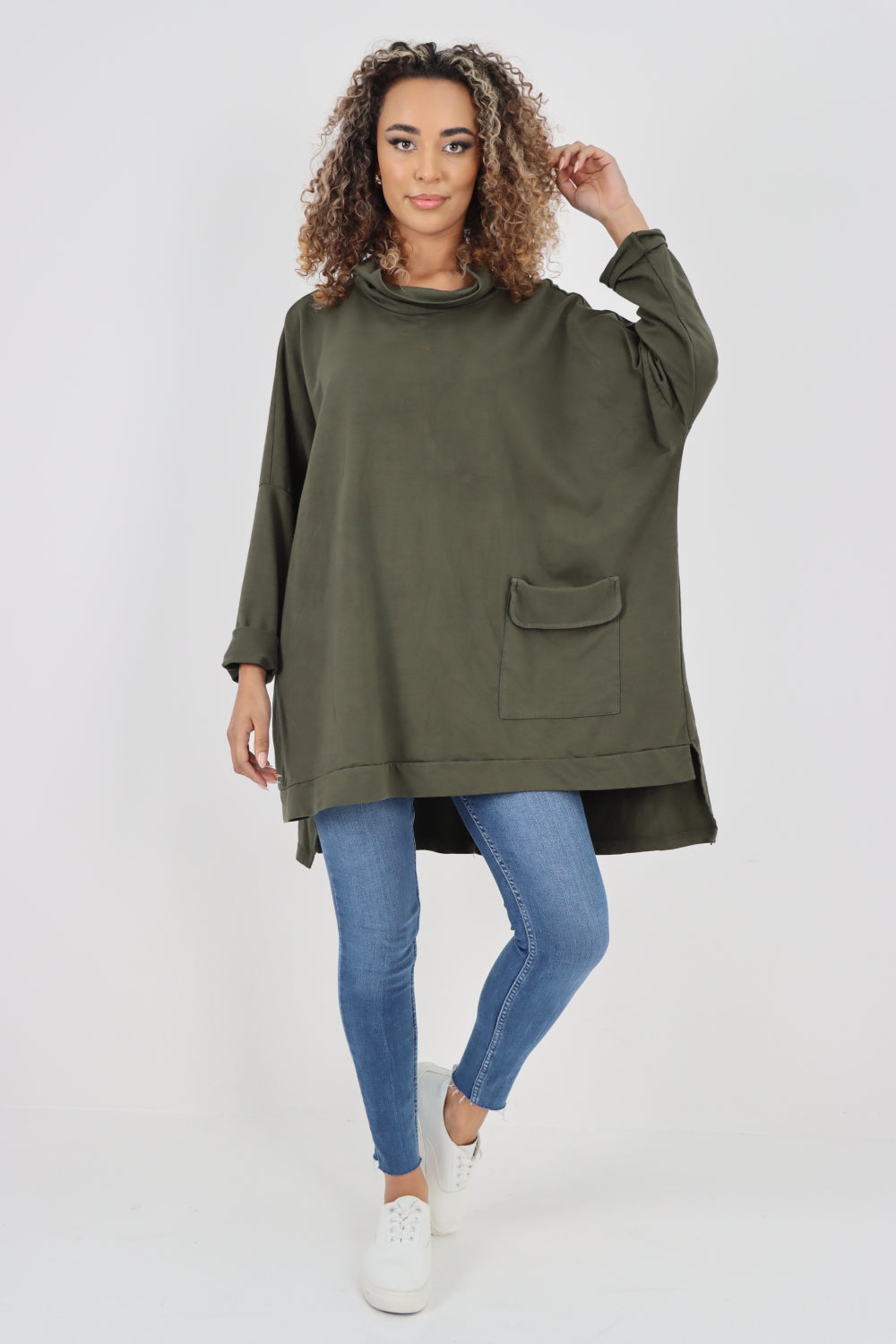 Italian Plain Roll Neck Dip Hem Cotton Top