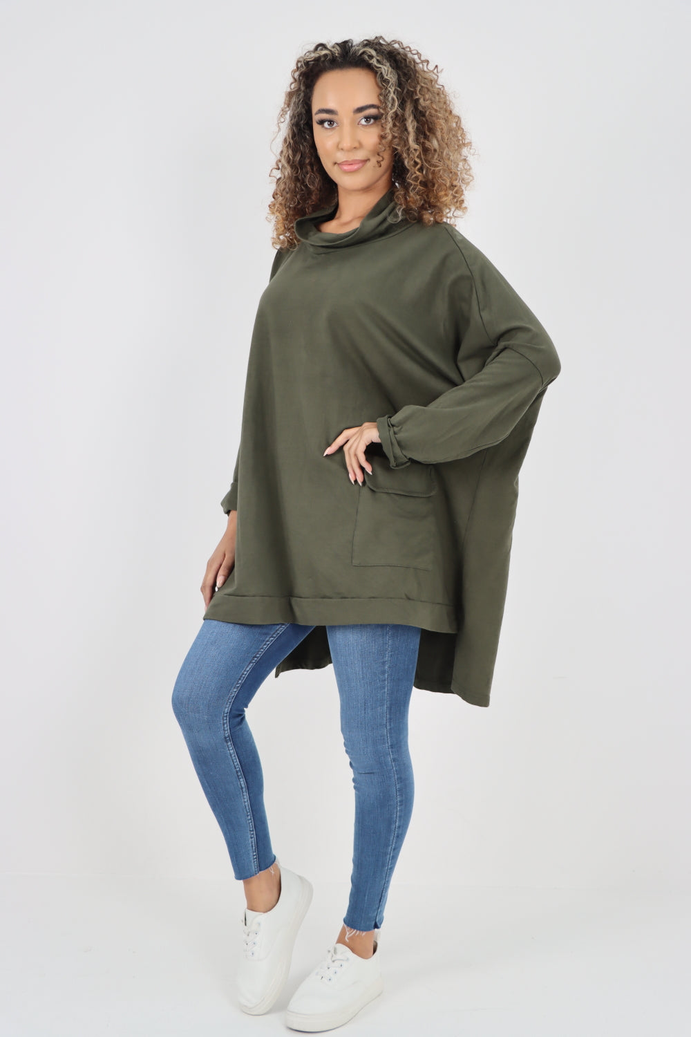 Italian Plain Roll Neck Dip Hem Cotton Top