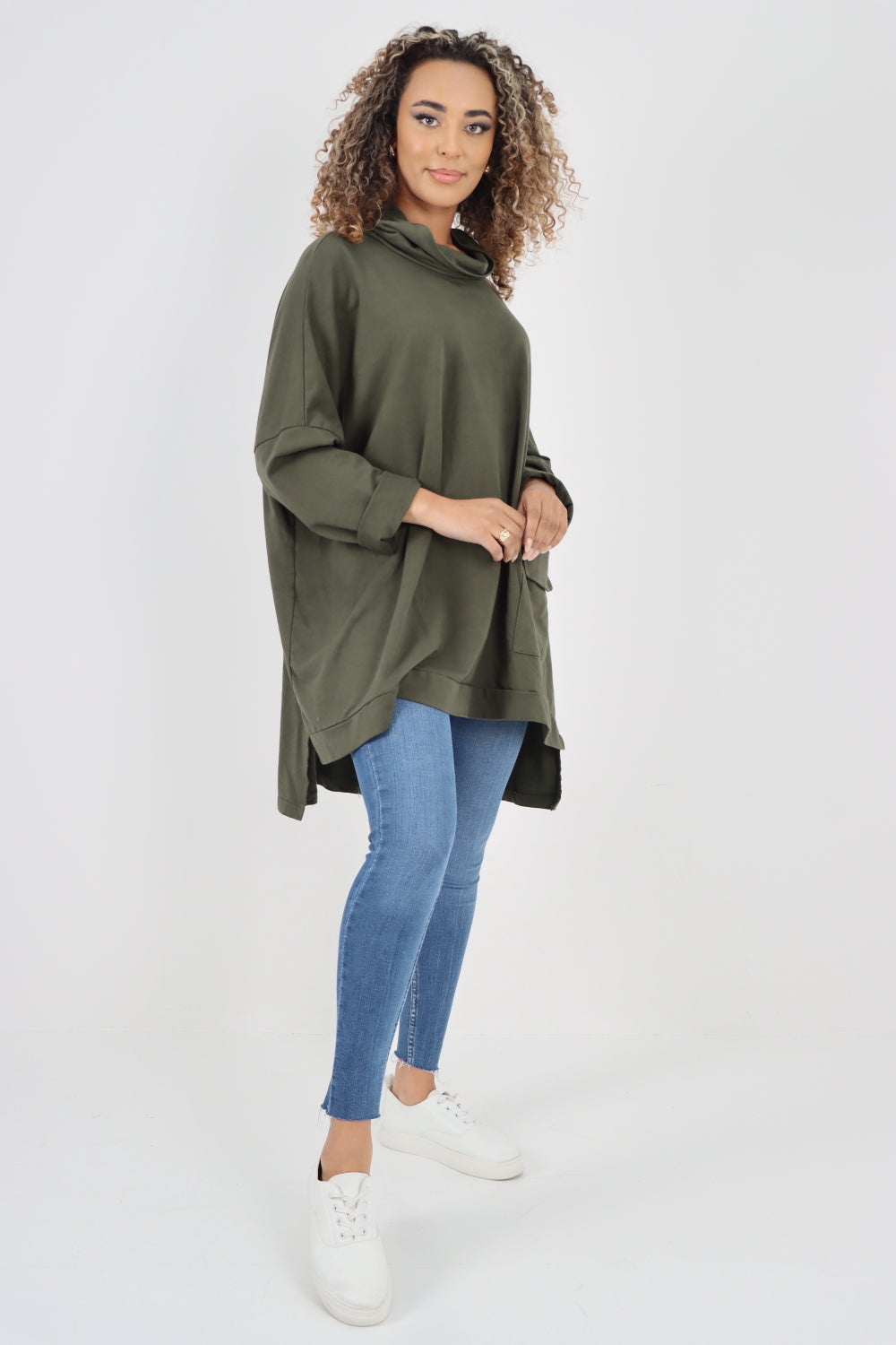 Italian Plain Roll Neck Dip Hem Cotton Top