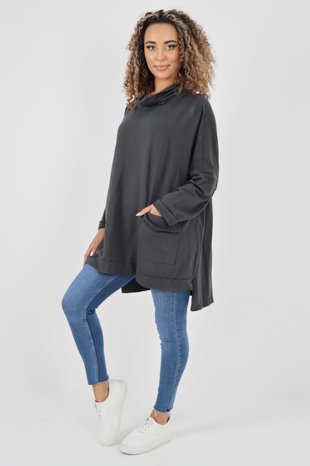 Italian Plain Roll Neck Dip Hem Cotton Top