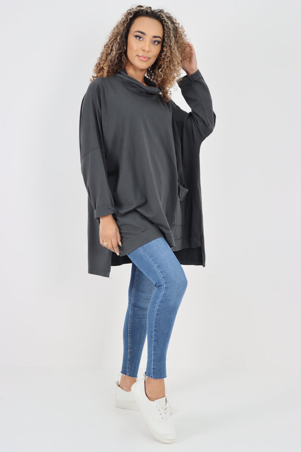 Italian Plain Roll Neck Dip Hem Cotton Top