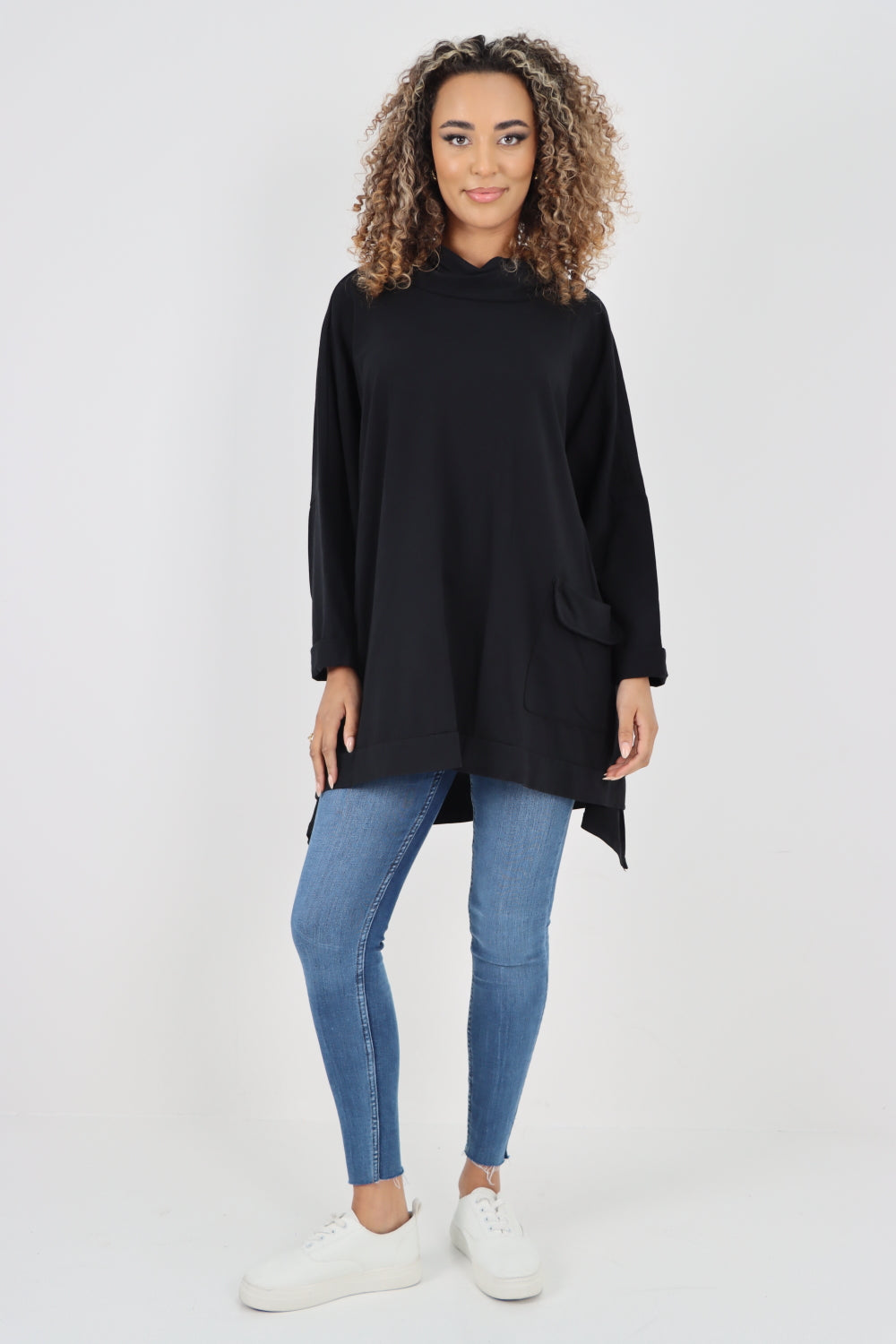 Italian Plain Roll Neck Dip Hem Cotton Top