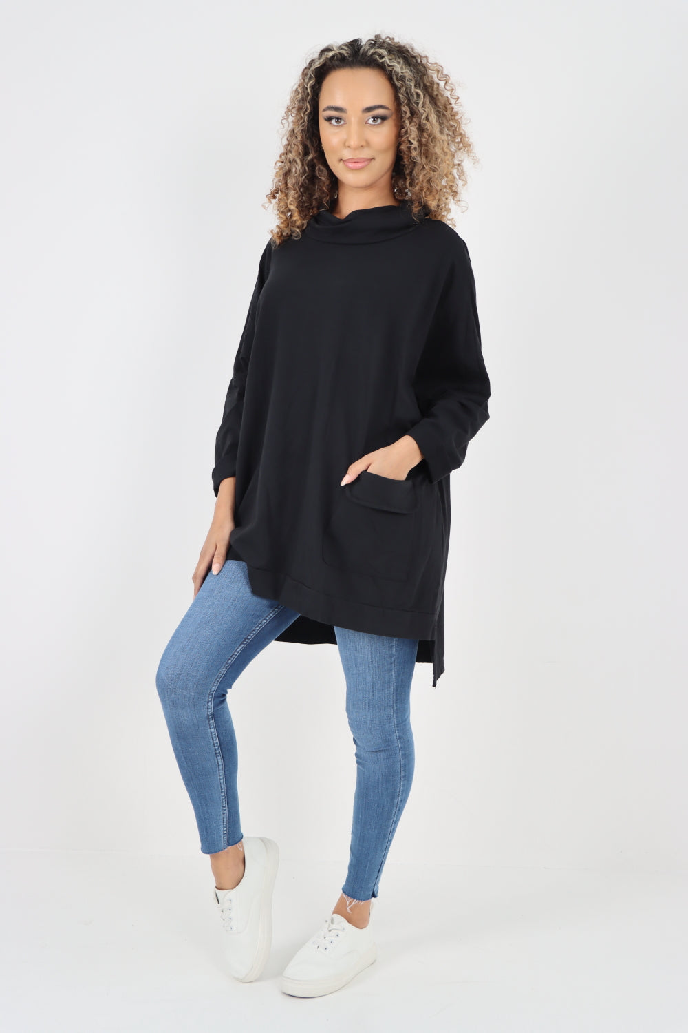 Italian Plain Roll Neck Dip Hem Cotton Top