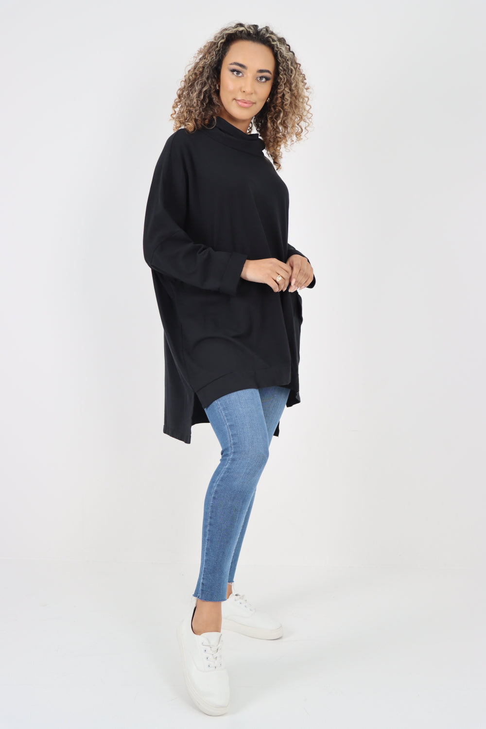 Italian Plain Roll Neck Dip Hem Cotton Top