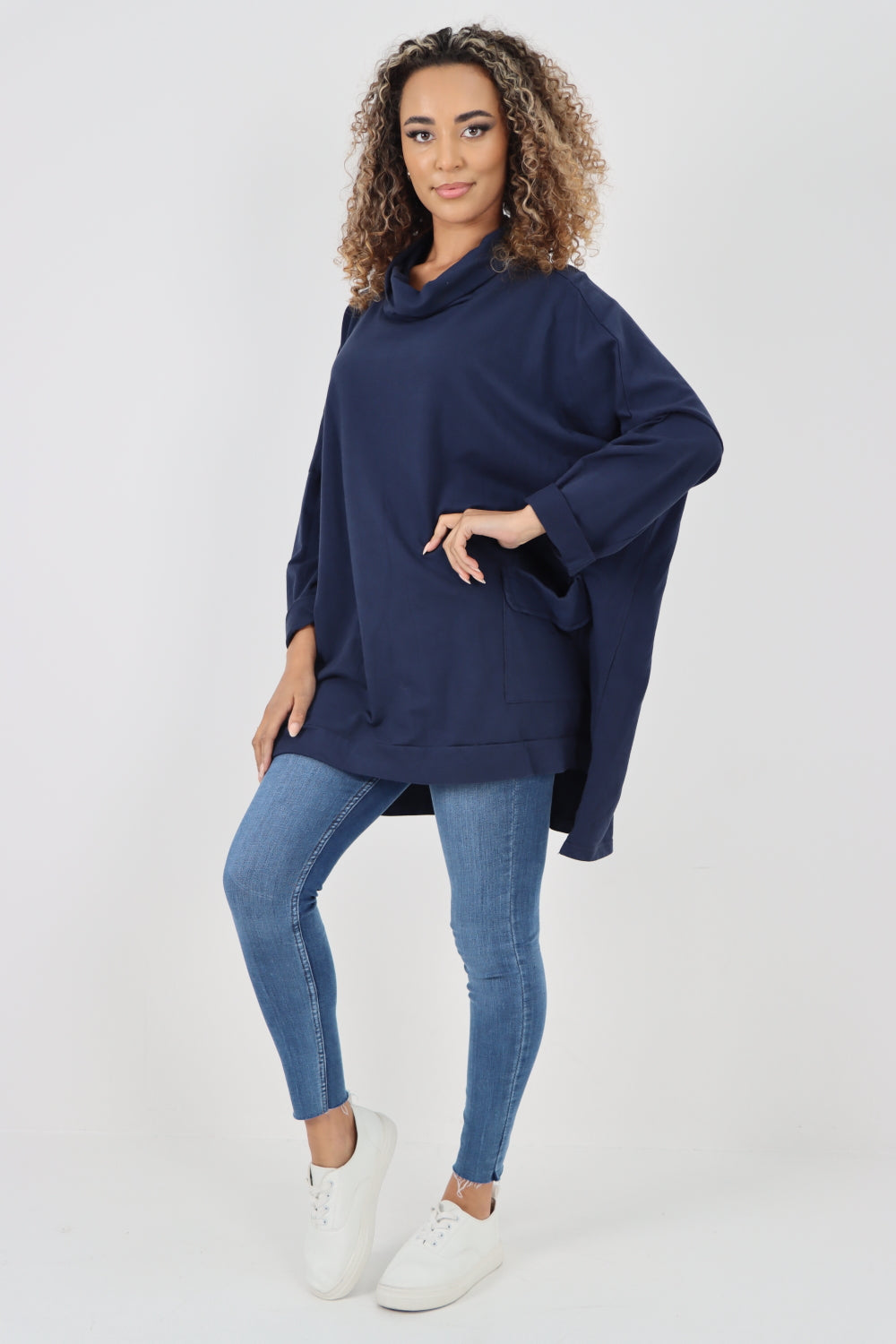 Italian Plain Roll Neck Dip Hem Cotton Top