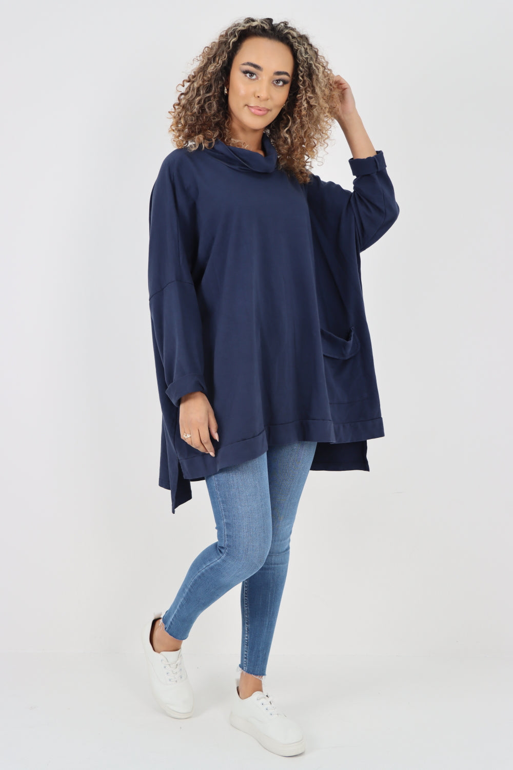 Italian Plain Roll Neck Dip Hem Cotton Top