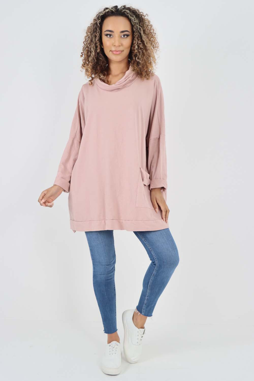 Italian Plain Roll Neck Dip Hem Cotton Top