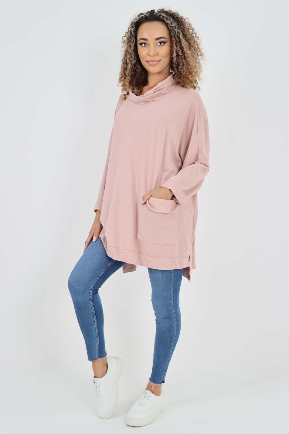Italian Plain Roll Neck Dip Hem Cotton Top