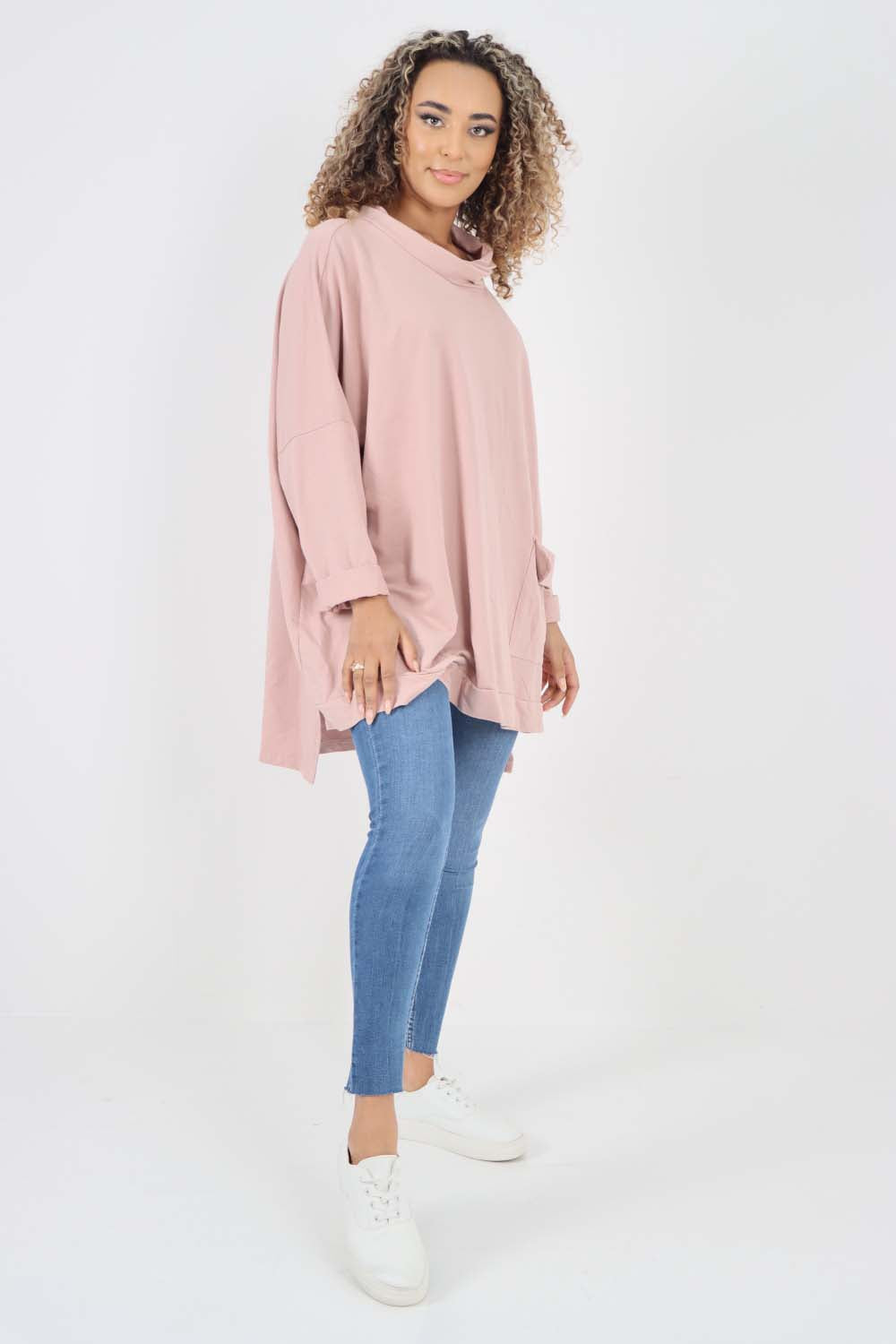 Italian Plain Roll Neck Dip Hem Cotton Top