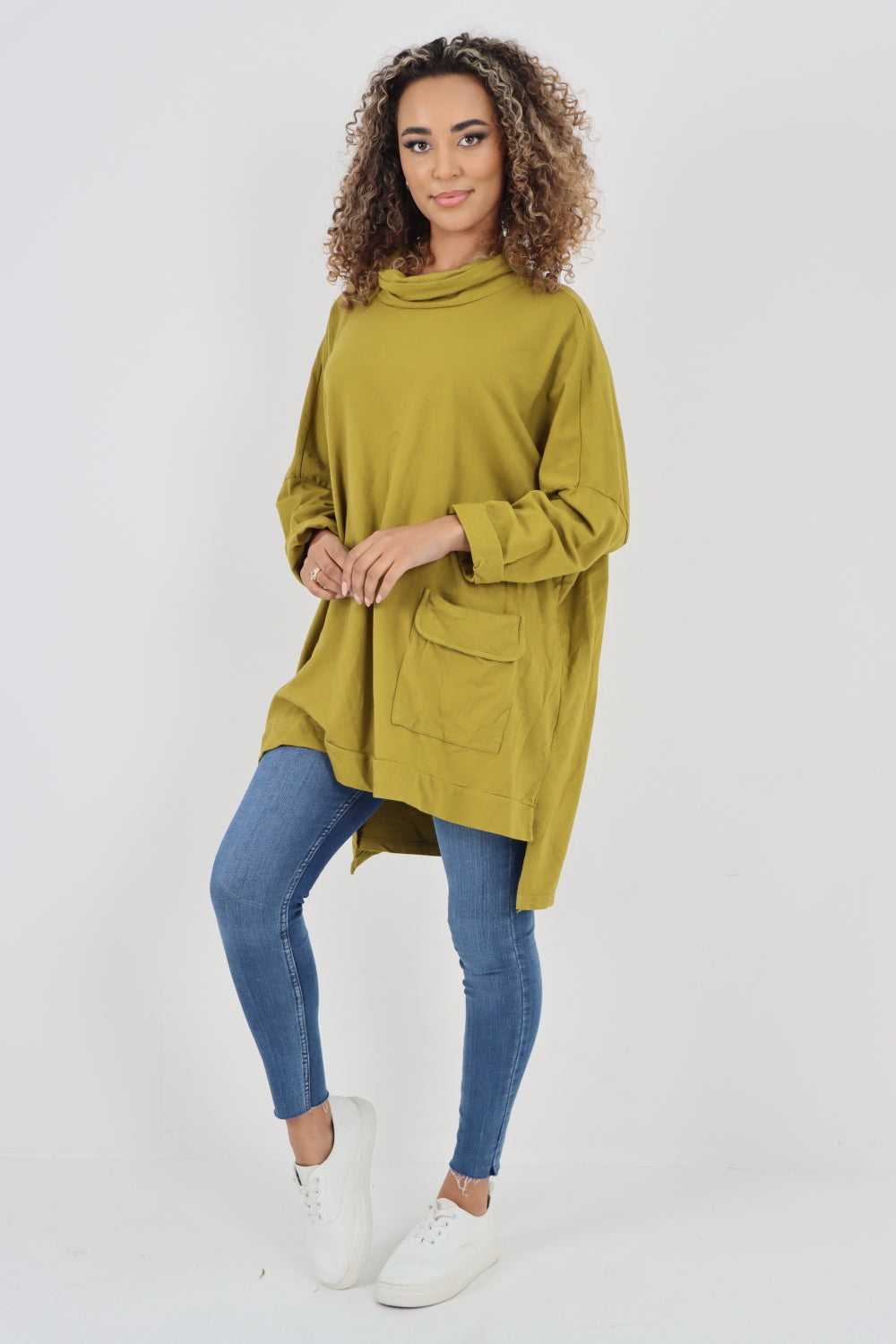 Italian Plain Roll Neck Dip Hem Cotton Top