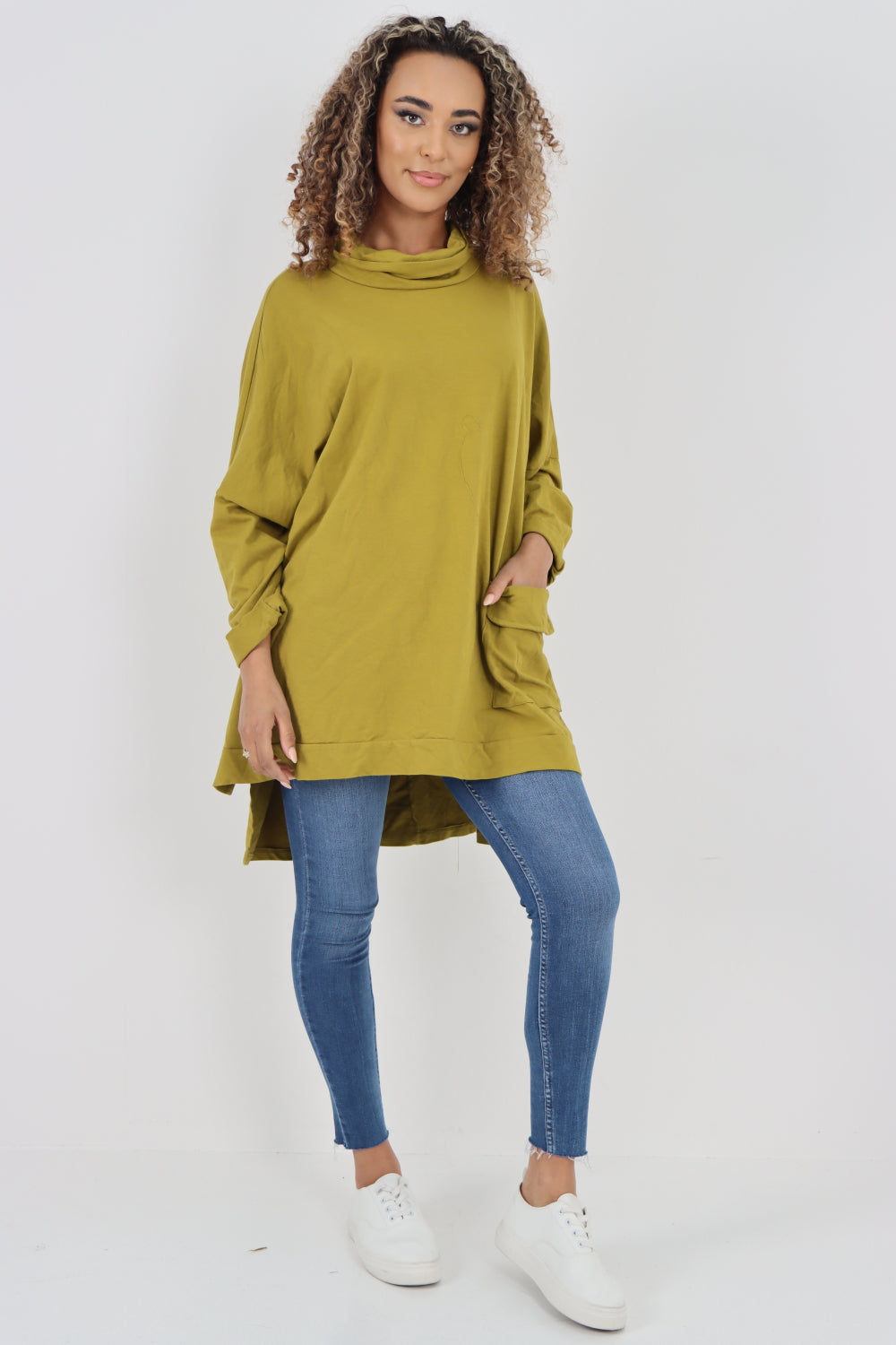 Italian Plain Roll Neck Dip Hem Cotton Top