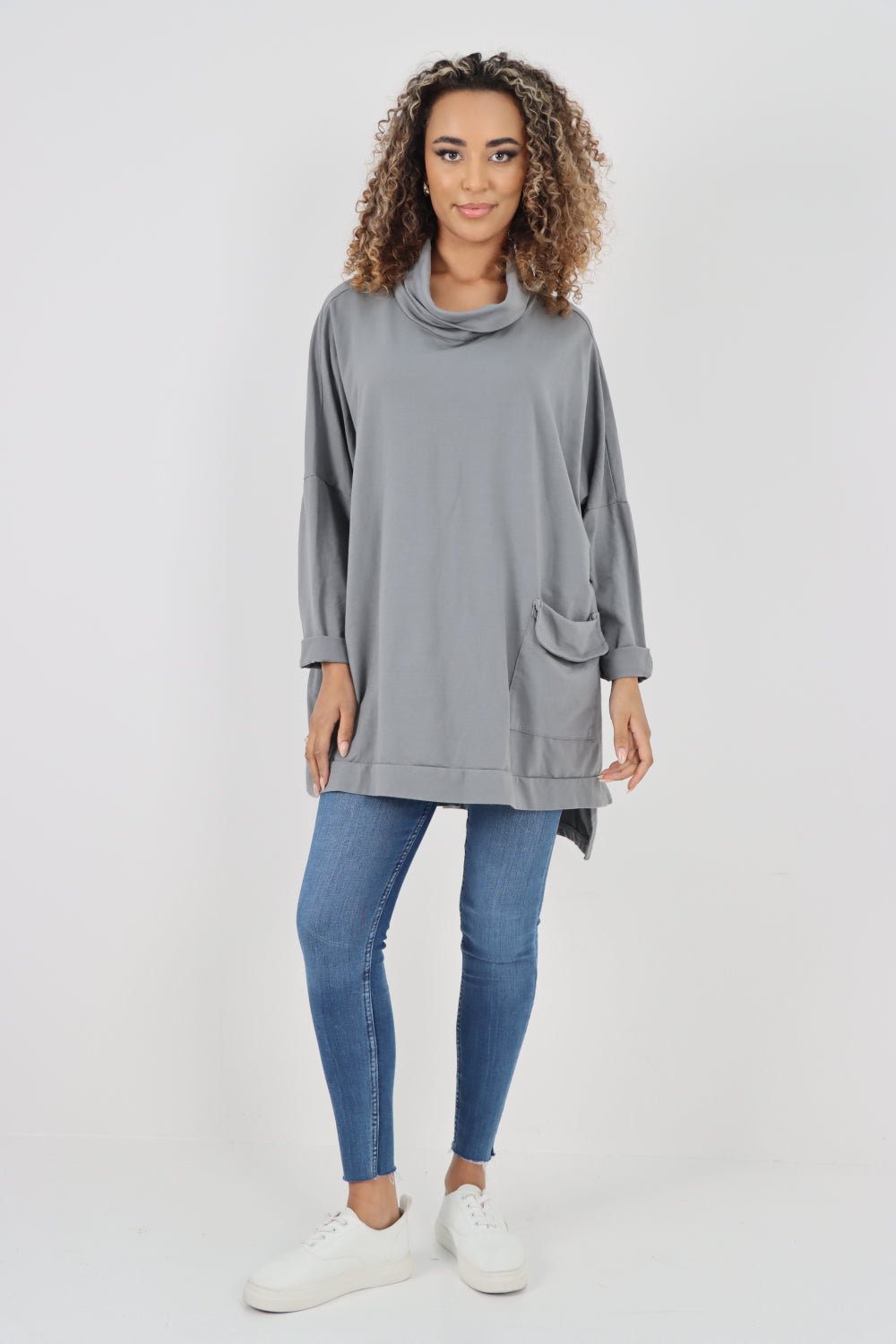 Italian Plain Roll Neck Dip Hem Cotton Top