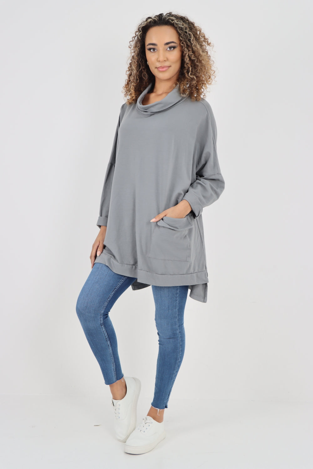Italian Plain Roll Neck Dip Hem Cotton Top