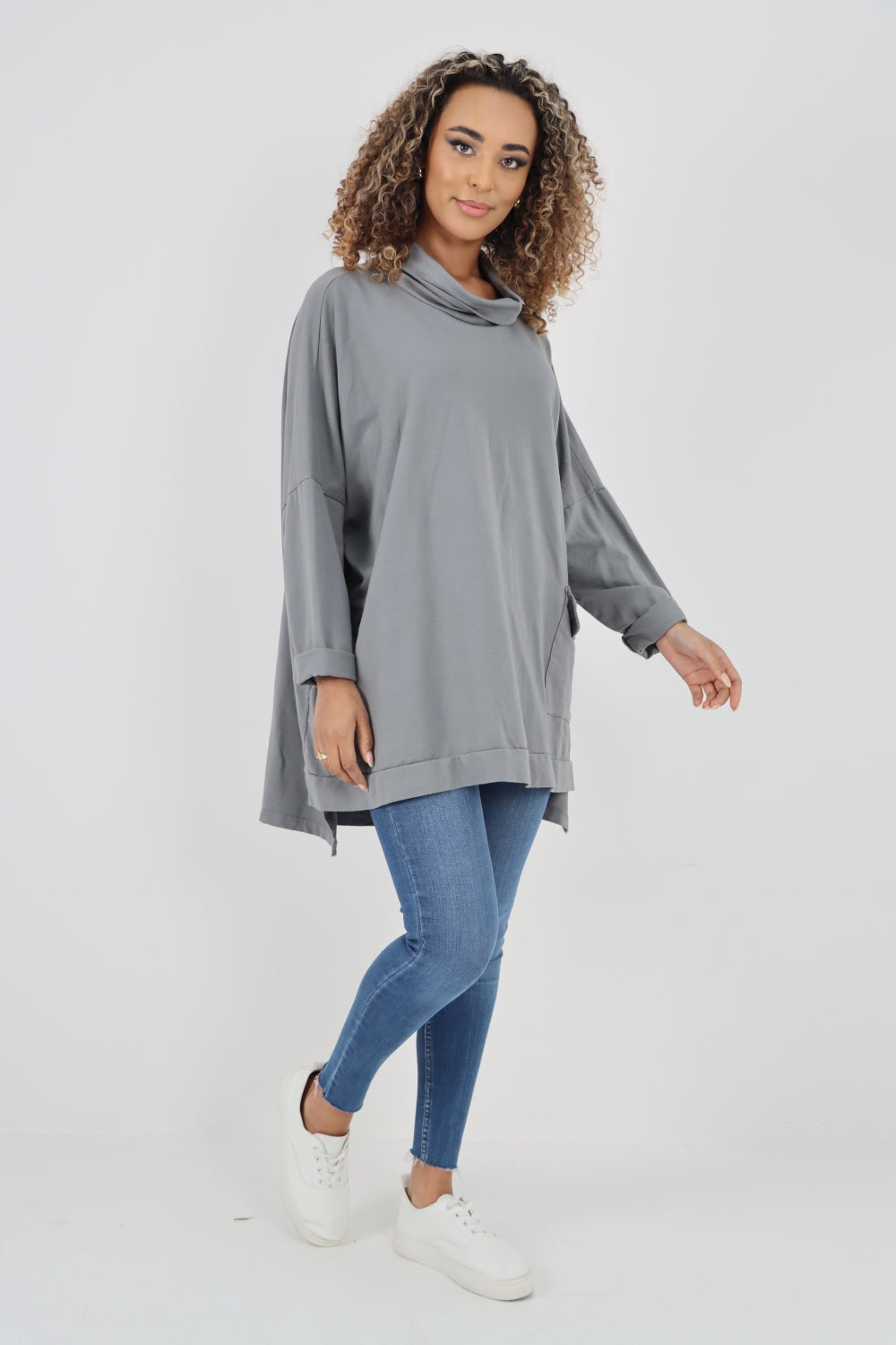 Italian Plain Roll Neck Dip Hem Cotton Top