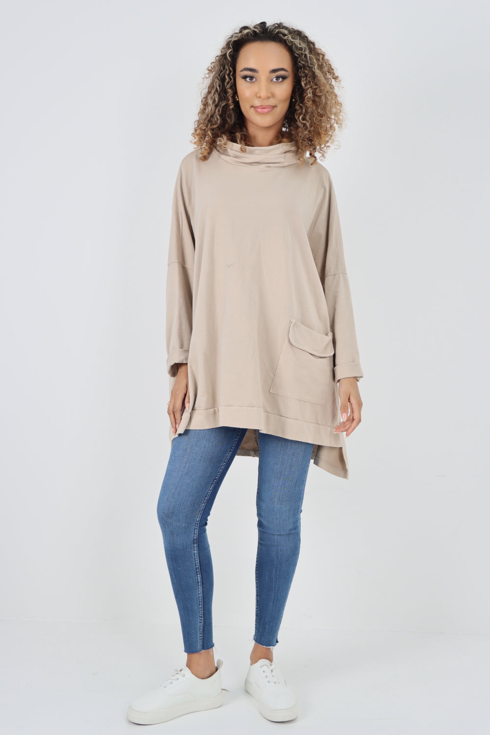 Italian Plain Roll Neck Dip Hem Cotton Top