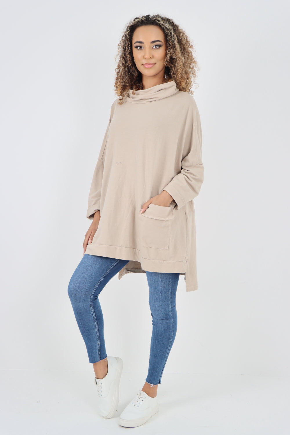 Italian Plain Roll Neck Dip Hem Cotton Top