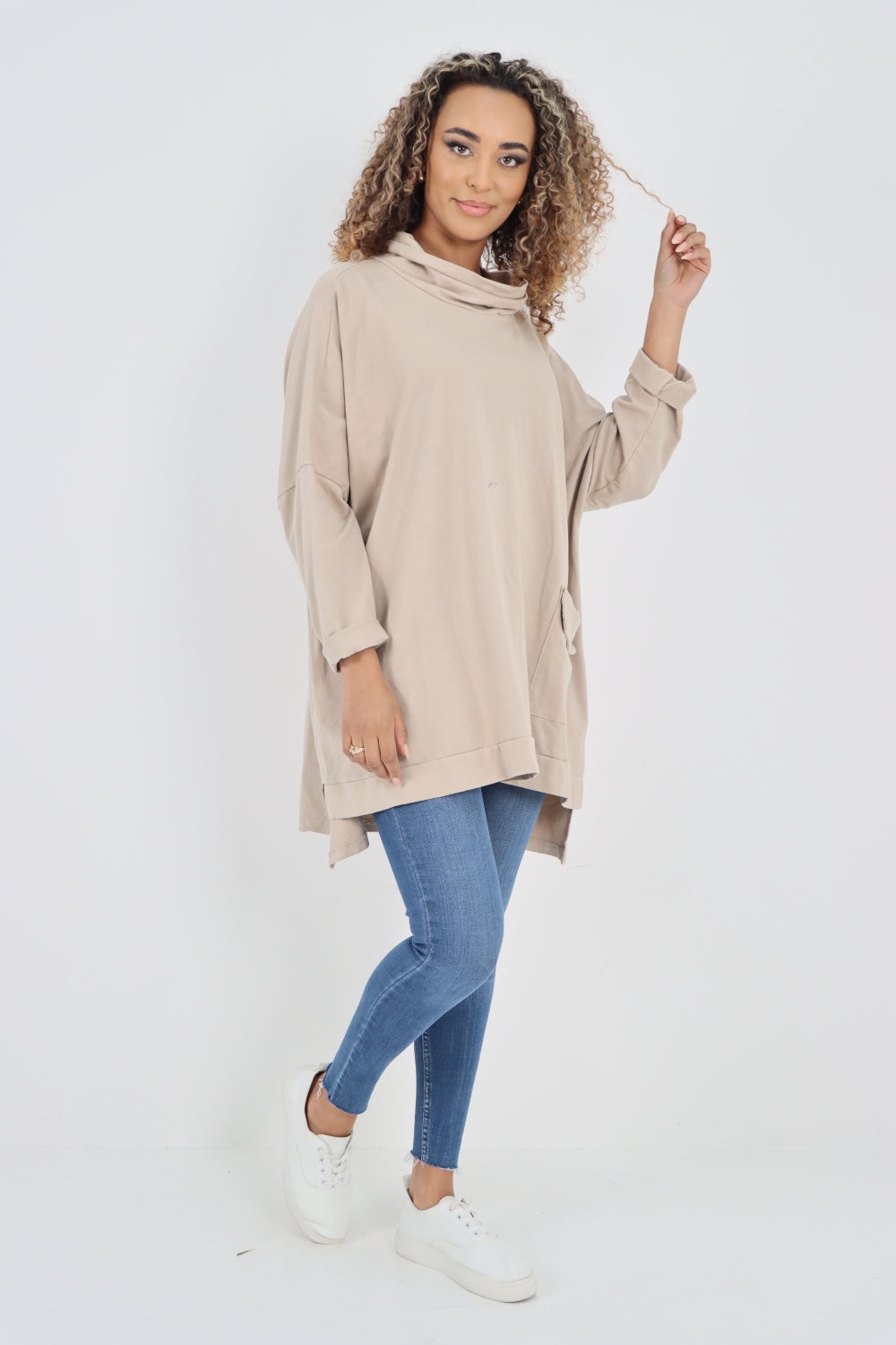 Italian Plain Roll Neck Dip Hem Cotton Top