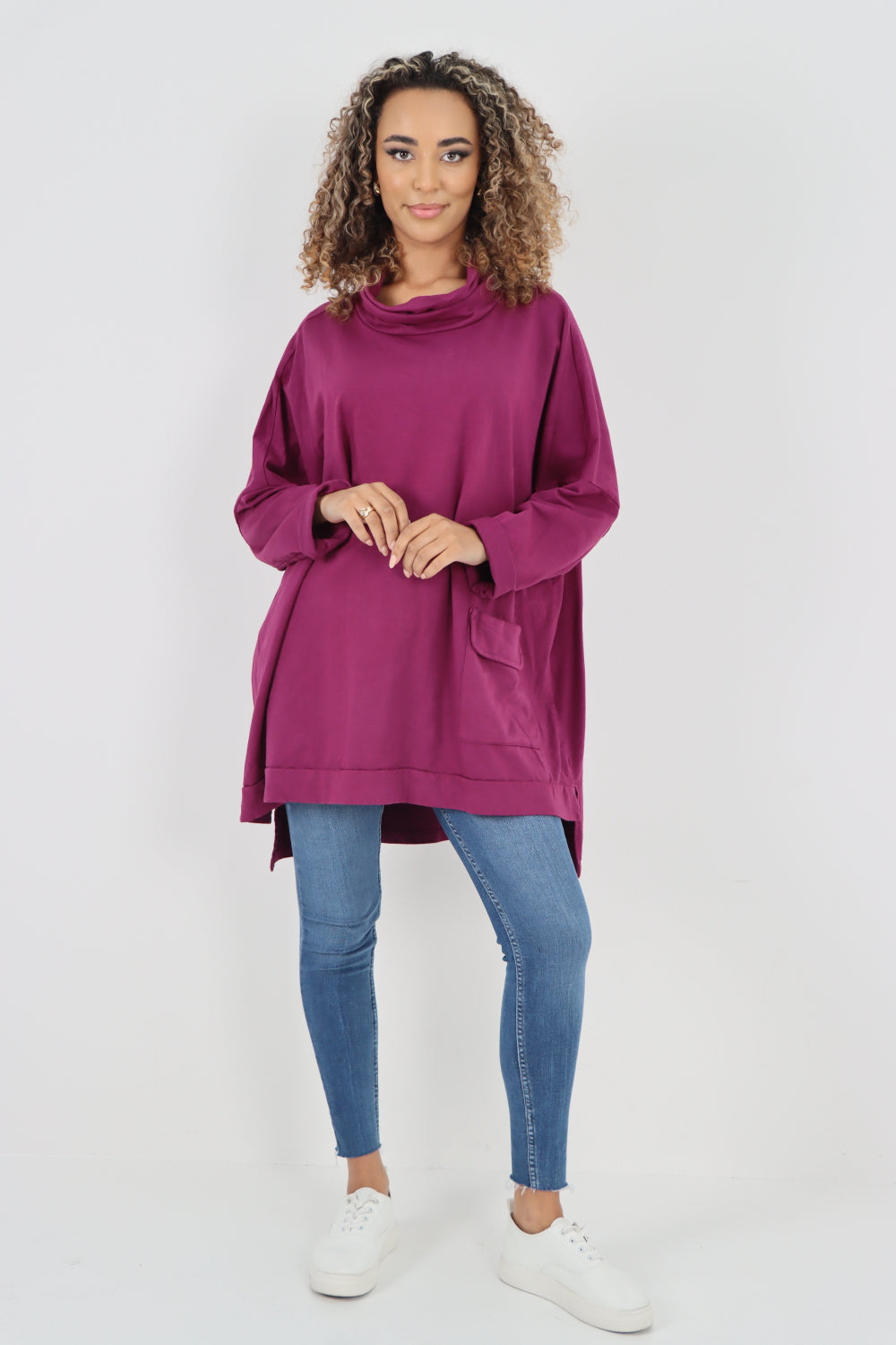 Italian Plain Roll Neck Dip Hem Cotton Top
