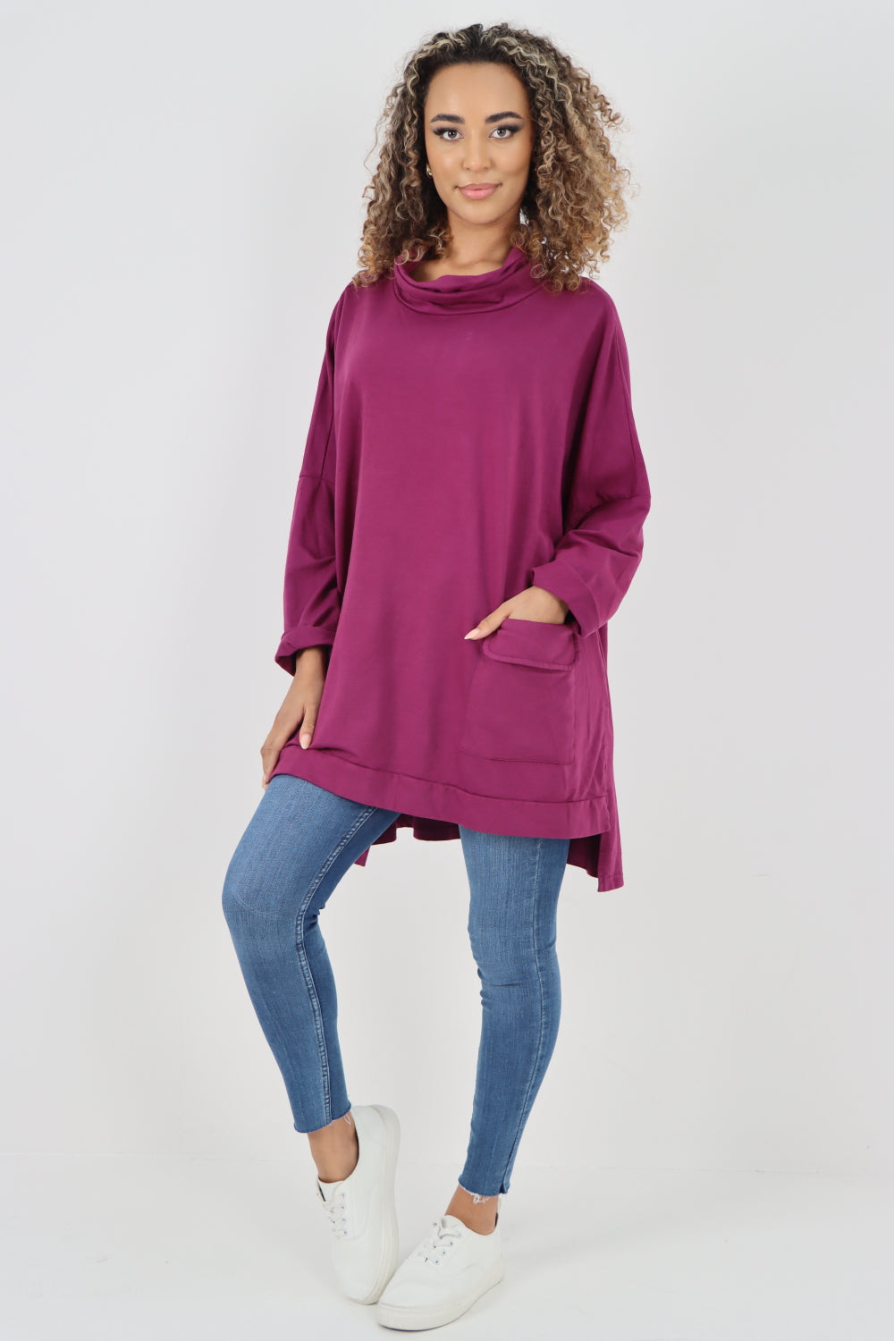 Italian Plain Roll Neck Dip Hem Cotton Top