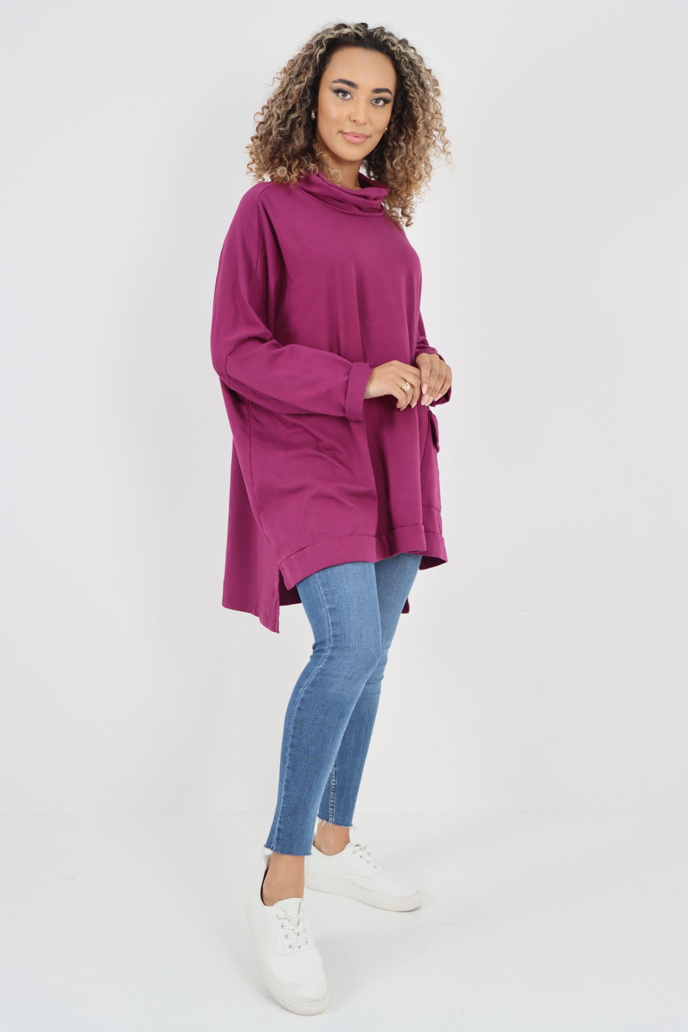 Italian Plain Roll Neck Dip Hem Cotton Top