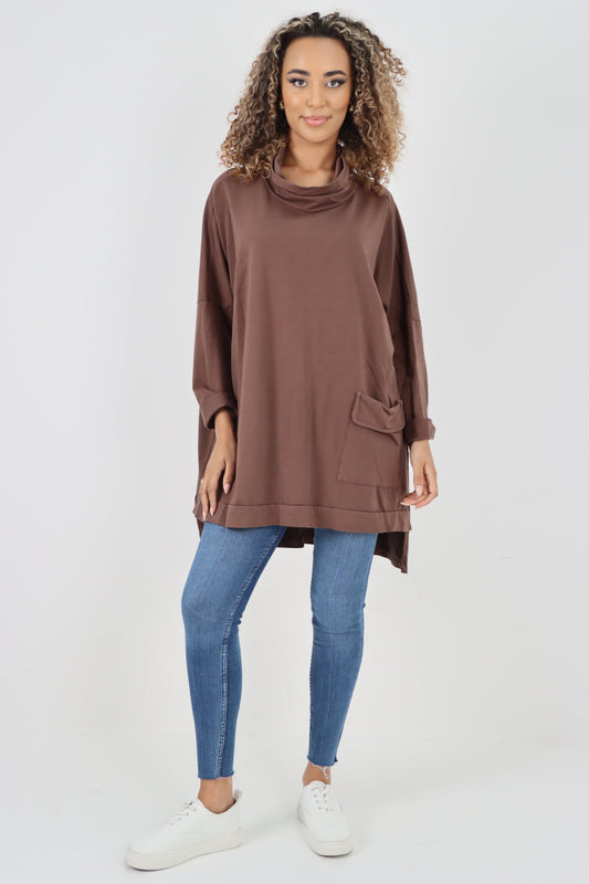 Italian Plain Roll Neck Dip Hem Cotton Top