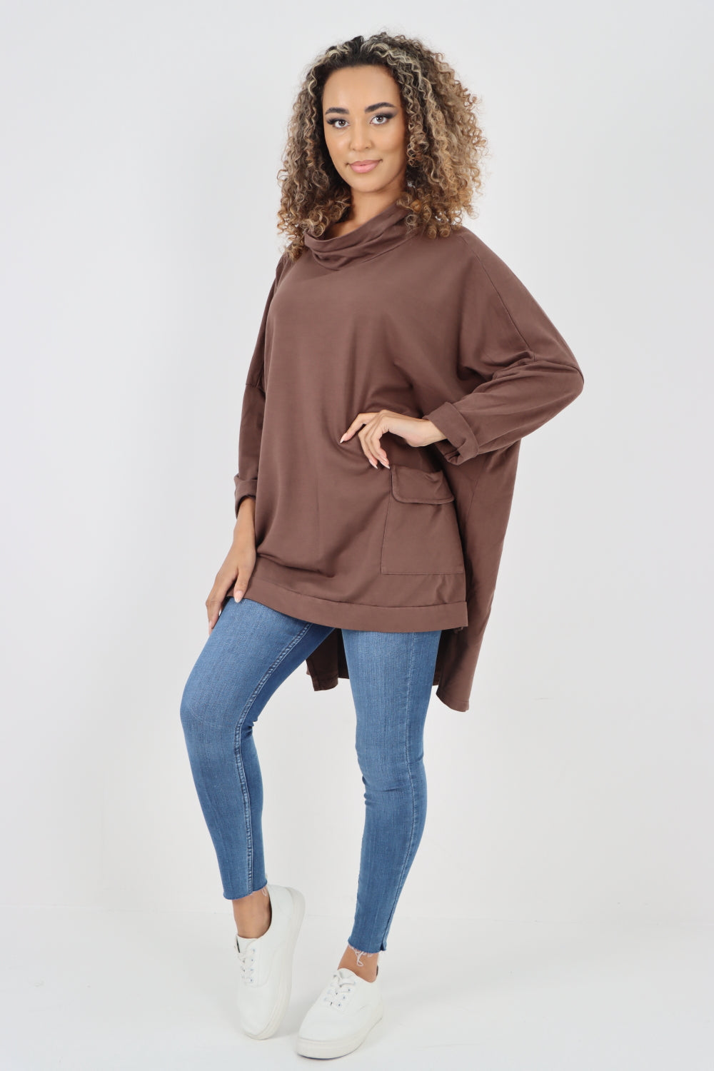Italian Plain Roll Neck Dip Hem Cotton Top