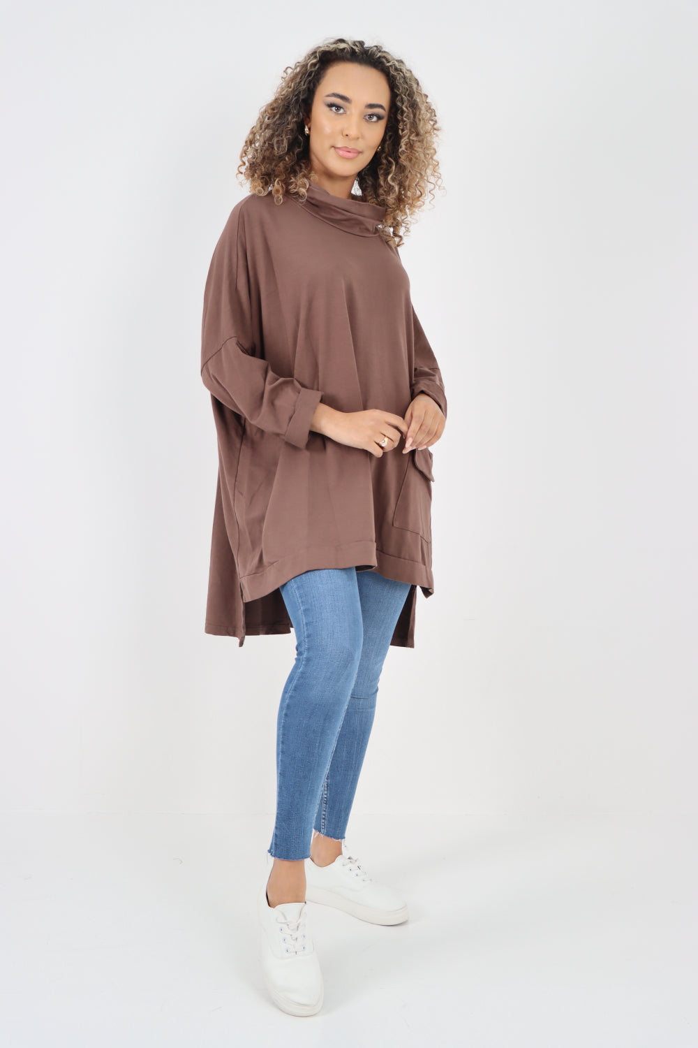 Italian Plain Roll Neck Dip Hem Cotton Top