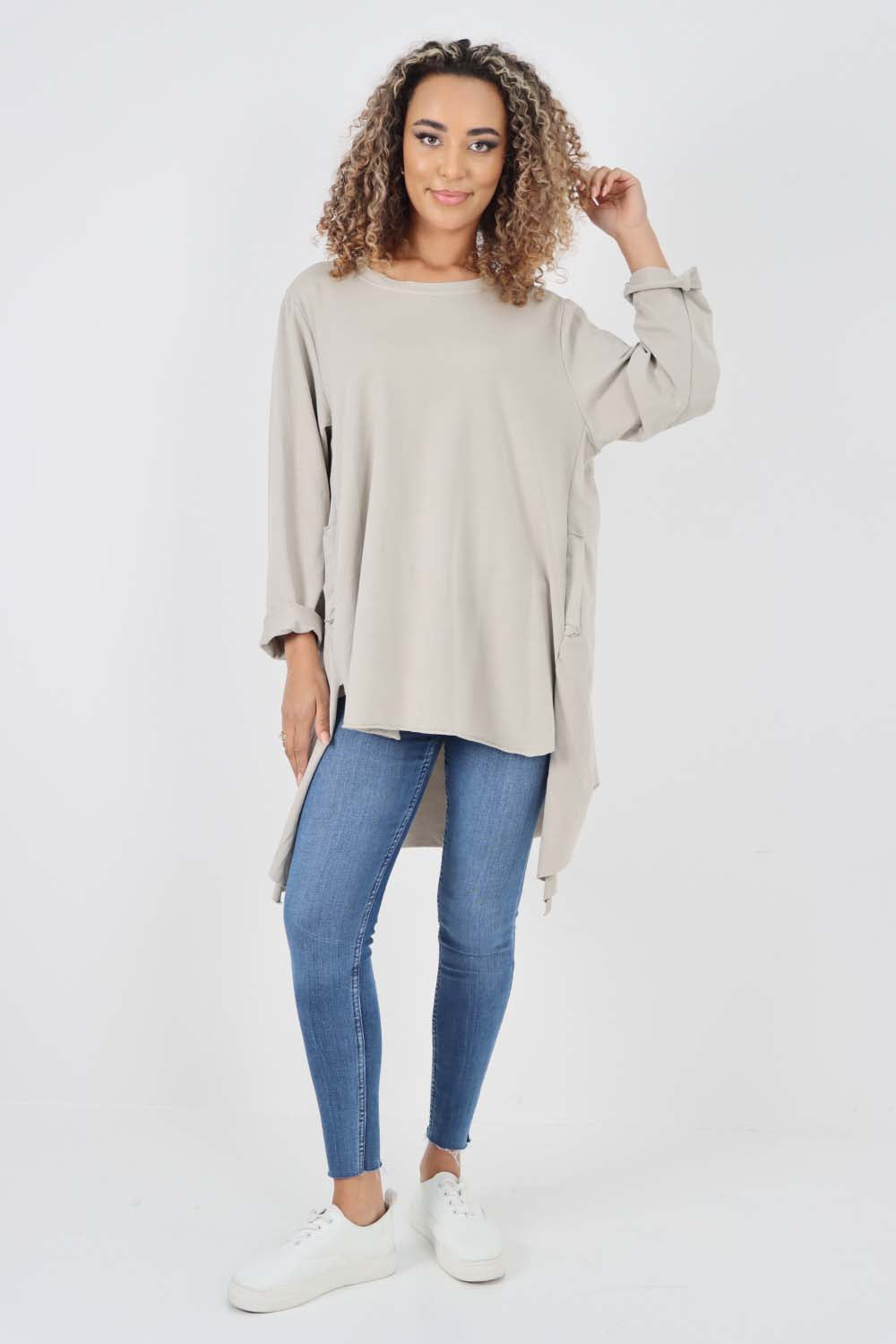 Italian Plain Pockets Dip Hem Cotton Top
