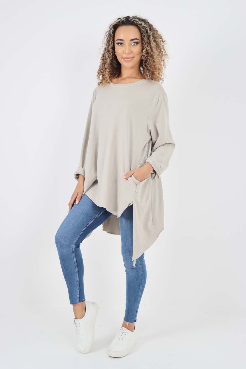 Italian Plain Pockets Dip Hem Cotton Top