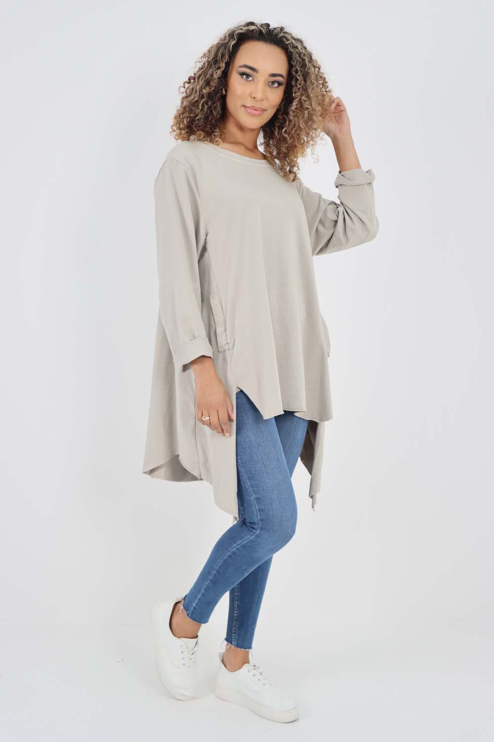 Italian Plain Pockets Dip Hem Cotton Top
