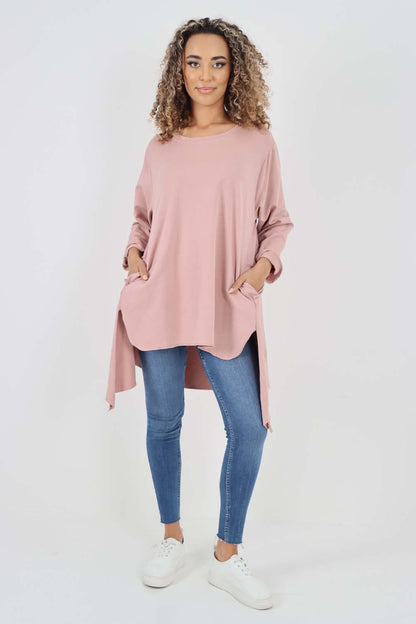 Italian Plain Pockets Dip Hem Cotton Top