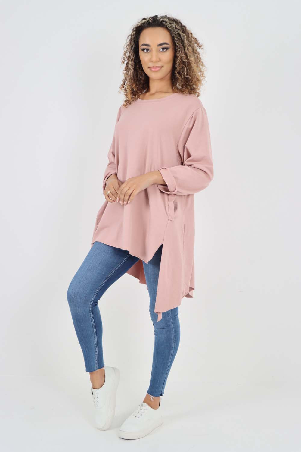 Italian Plain Pockets Dip Hem Cotton Top
