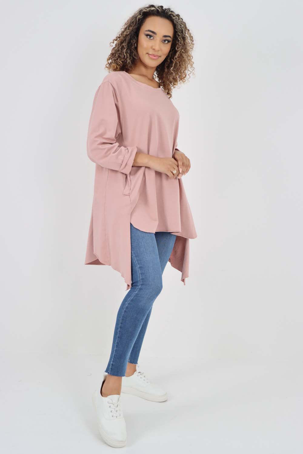 Italian Plain Pockets Dip Hem Cotton Top