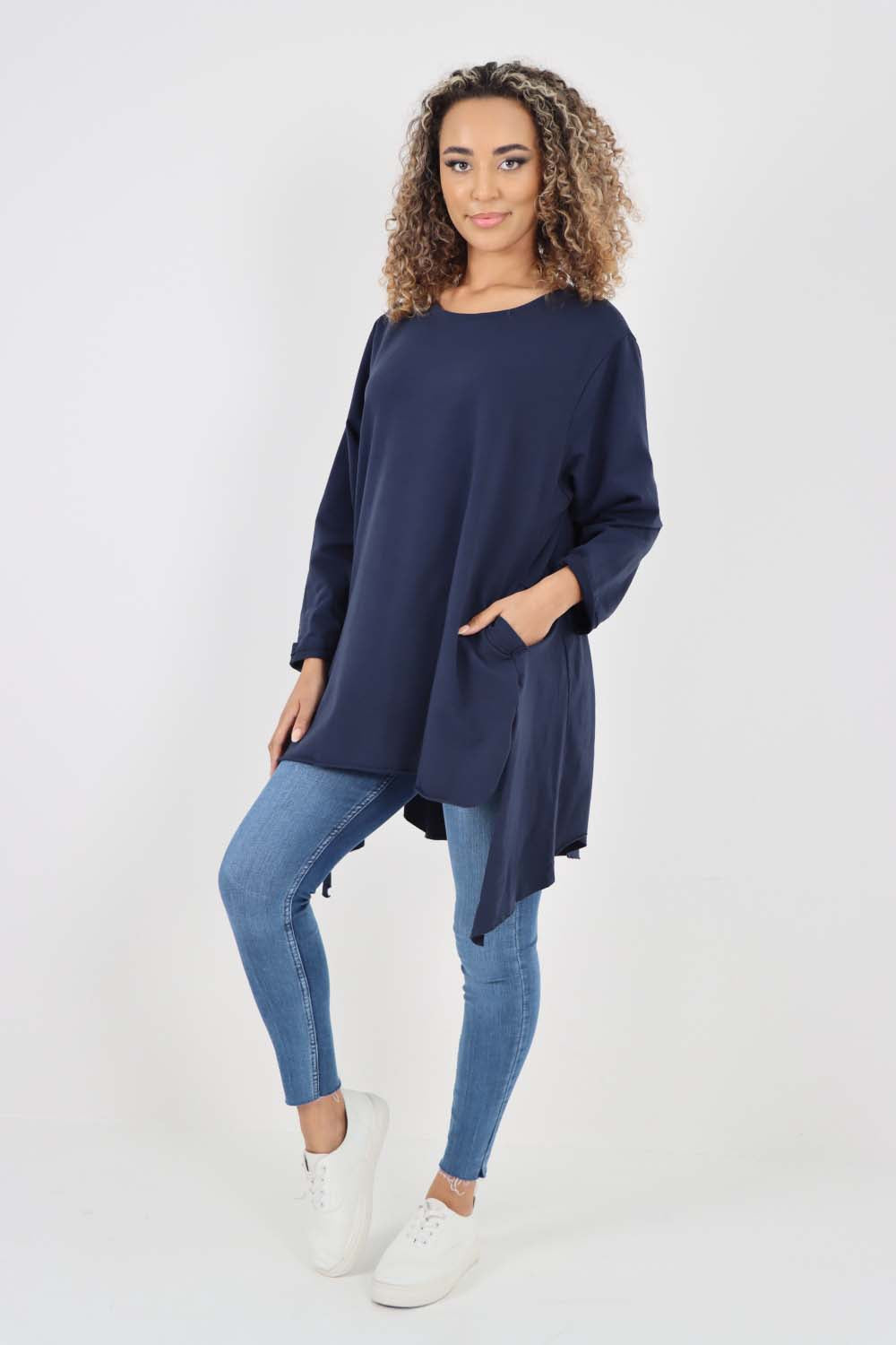 Italian Plain Pockets Dip Hem Cotton Top
