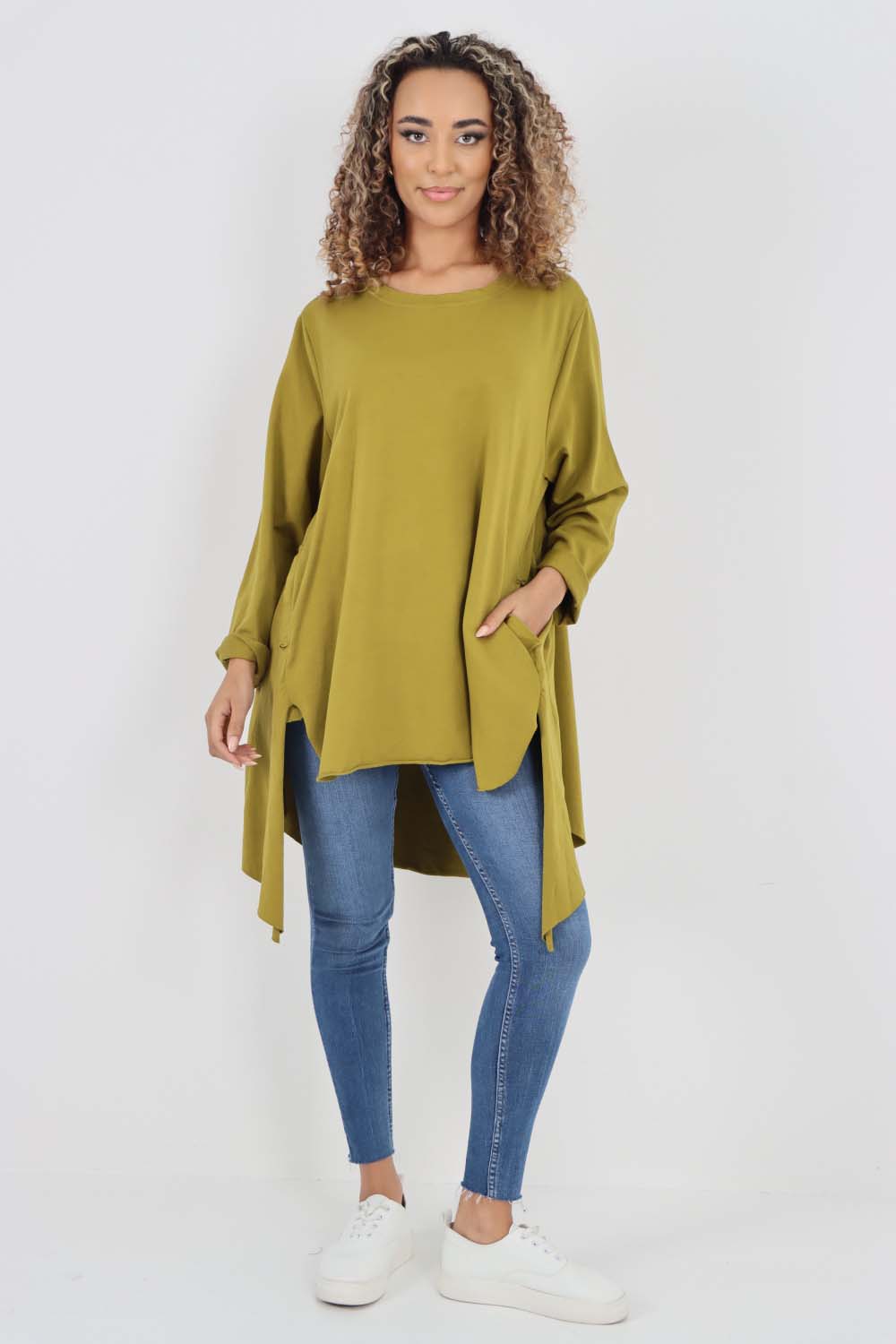 Italian Plain Pockets Dip Hem Cotton Top