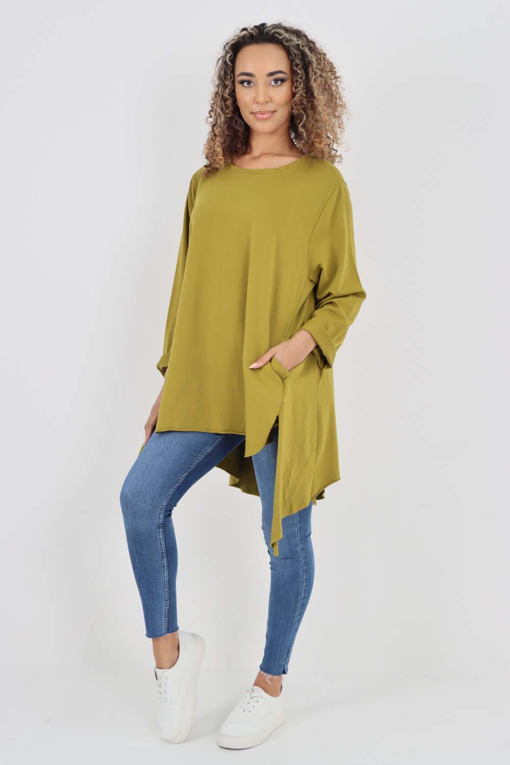 Italian Plain Pockets Dip Hem Cotton Top