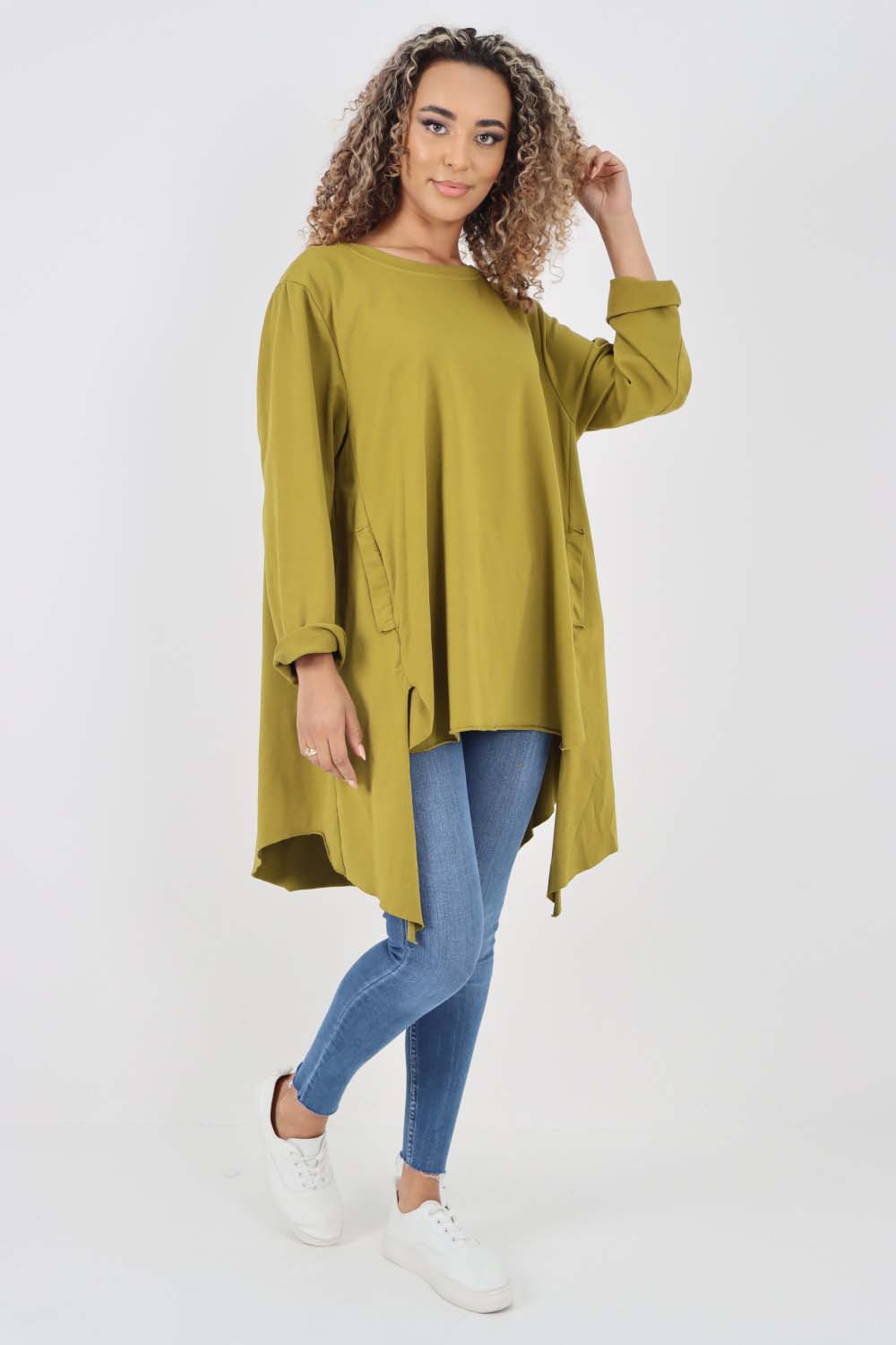 Italian Plain Pockets Dip Hem Cotton Top