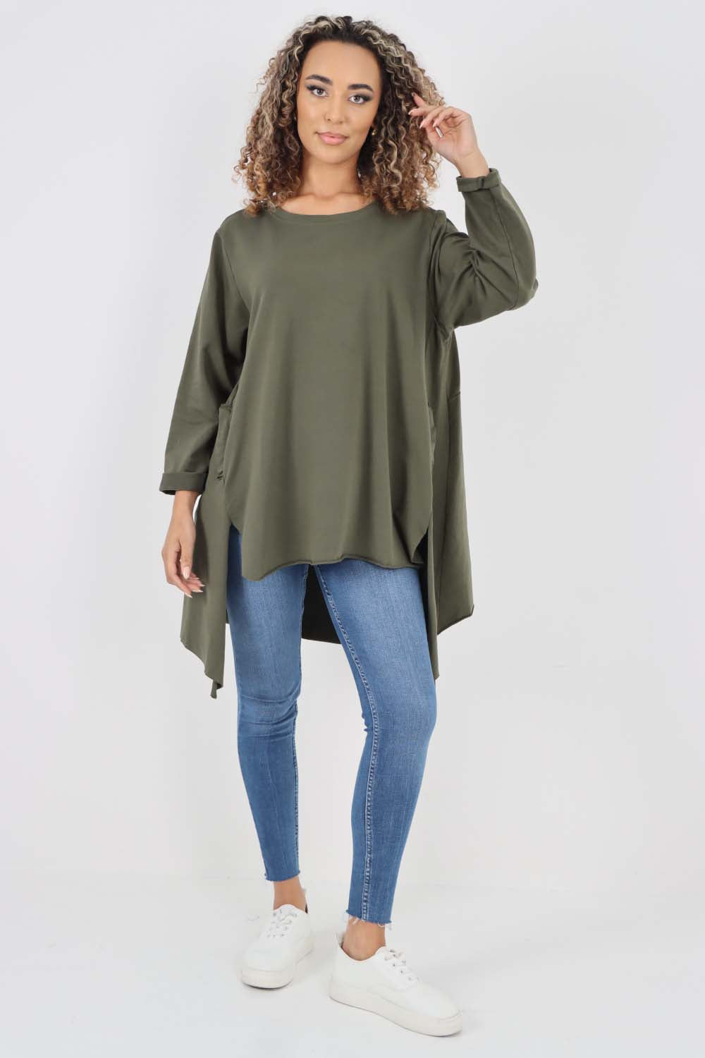 Italian Plain Pockets Dip Hem Cotton Top