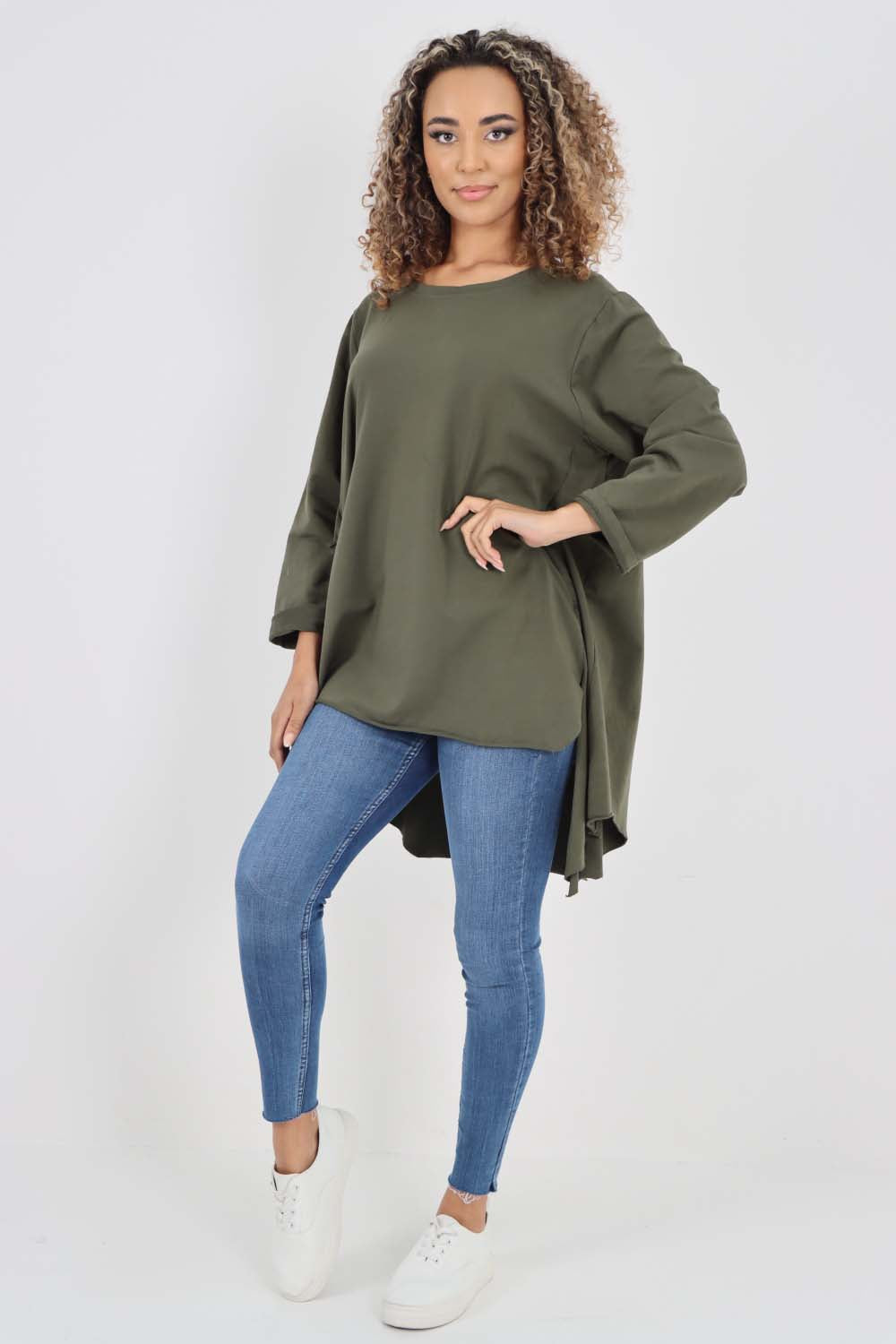 Italian Plain Pockets Dip Hem Cotton Top