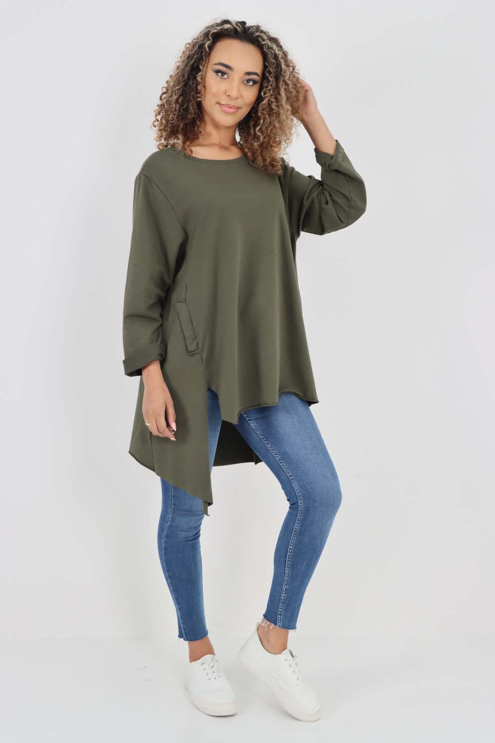 Italian Plain Pockets Dip Hem Cotton Top