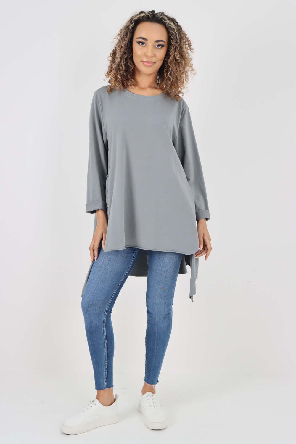 Italian Plain Pockets Dip Hem Cotton Top