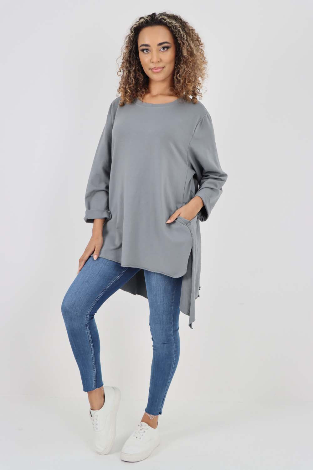 Italian Plain Pockets Dip Hem Cotton Top