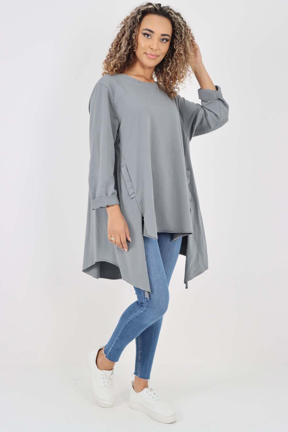 Italian Plain Pockets Dip Hem Cotton Top